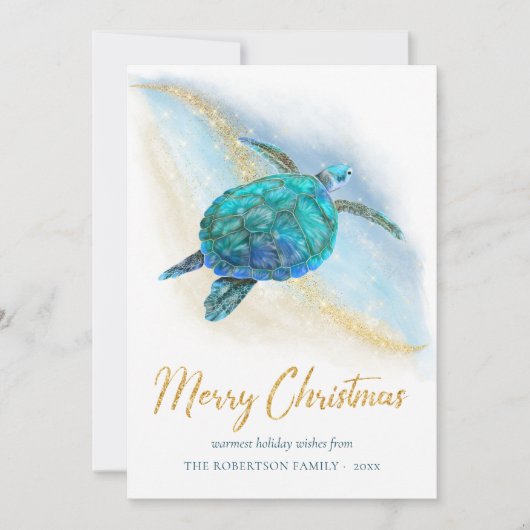 Strand Zee Schildpad Kust Vrolijk Kerstfeest 3 Fot Feestdagenkaart (Voorkant)
