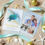 Strand Zee Schildpad Mele Kalikimaka 3 Foto Folie Feestdagenkaart<br><div class="desc">Echte gouden folie voegt elegantie toe aan deze kerstkaart met kustthema, met een waterverf turquoise zeeen schildpad op een abstracte strandachtergrond met een gouden glitter sprankelende golf en een gouden Mele Kalikimaka-script. Op de achterkant zijn 3 fotosjablonen om de kaarten eenvoudig te personaliseren met uw favoriete familiefoto's. Bekijk het collectie...</div>