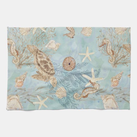 Strand Zee Schildpad Oceaan Zeepaardschelpen Zeest Theedoek (Horizontaal)