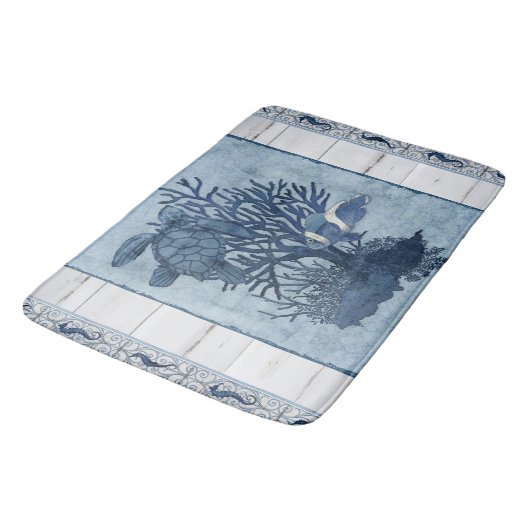 Strand Zee Schildpad Zeepaardje Blauw Rustieke Wat Badmat (Gekanteld)