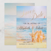 Strand,Zee ster, Zee schelp Bewaar de datum Save The Date (Voorkant / Achterkant)