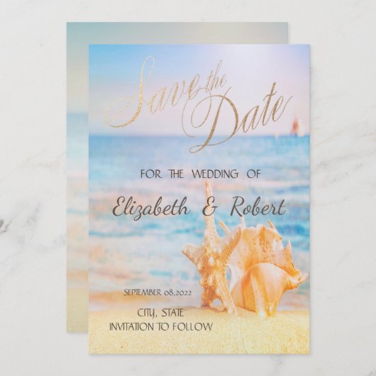 Strand,Zee ster, Zeeschelp Bewaar de datum Save The Date (Voorkant / Achterkant)