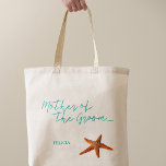 Strand zee zeesterren bruiloft moeder van de bruid tote bag<br><div class="desc">Zeester moeder van de bruidegom zee / strand / bestemming bruiloft canvas tas met aqua blauw kalligrafie script en bewerkbare tekst. Personaliseer het met de naam van zijn moeder.</div>