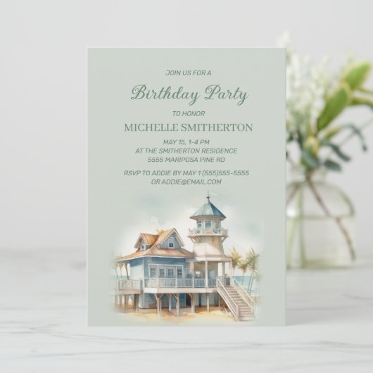 Strand Zeekot Huis Palmboom Verjaardag Kaart (Staand voorkant)