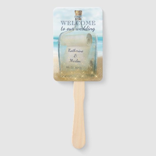 Strand zeeschelpen Bericht in een fles bruiloft Handwaaier (Voorkant)