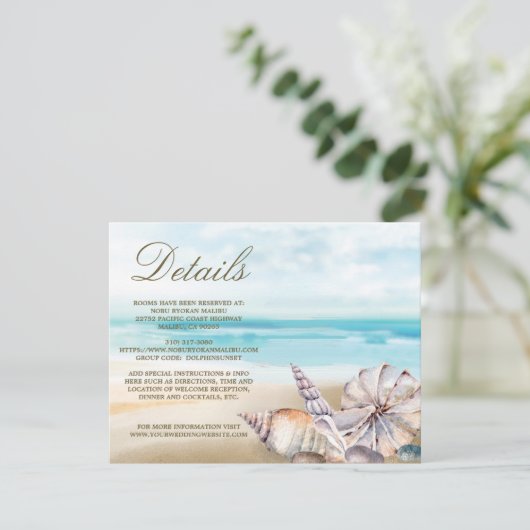Strand zeeschelpen | Nautische bruiloft Gast Detai Informatiekaartje (Staand voorkant)