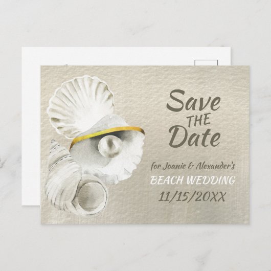 Strand Zeeschelpen op Silvery Pearl Save the Date Aankondigingskaart (Voorkant / Achterkant)