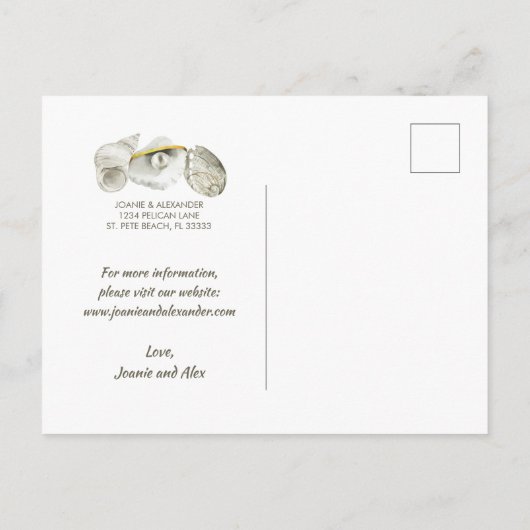 Strand Zeeschelpen op Silvery Pearl Save the Date Aankondigingskaart (Achterkant)