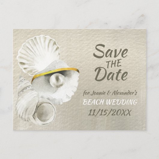 Strand Zeeschelpen op Silvery Pearl Save the Date Aankondigingskaart (Voorkant)