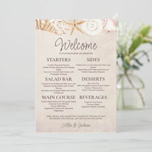 Strand Zeeschelpen Zand Casual Bruiloft Receptie Menu (Staand voorkant)