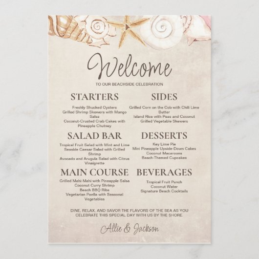 Strand Zeeschelpen Zand Casual Bruiloft Receptie Menu (Voorkant)