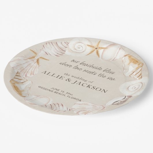 Strand Zeeschelpen Zand Liefde Zee Bruiloft Papieren Bordje (Gekanteld)