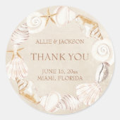 Strand Zeeschelpen Zand Seaside Bruiloft Dank u Ronde Sticker (Voorkant)