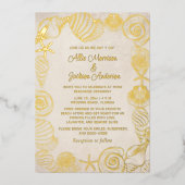 Strand Zeeschelpen Zand Seaside Bruiloft Folie Feestdagenkaart (Voorkant)