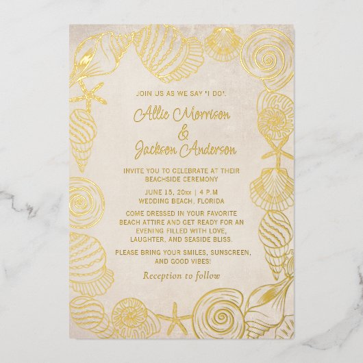 Strand Zeeschelpen Zand Seaside Bruiloft Folie Feestdagenkaart (Voorkant)