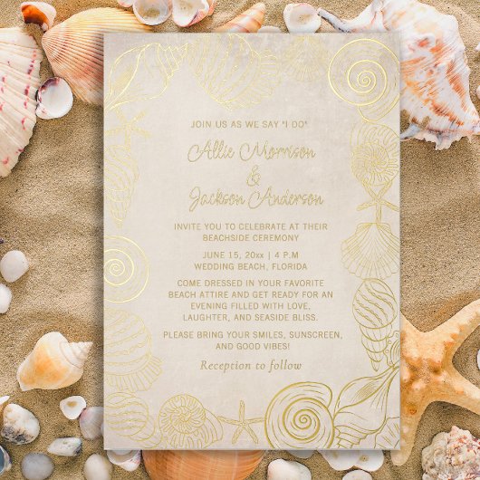 Strand Zeeschelpen Zand Seaside Bruiloft Folie Feestdagenkaart