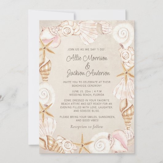 Strand Zeeschelpen Zand Seaside Bruiloft Kaart (Voorkant)