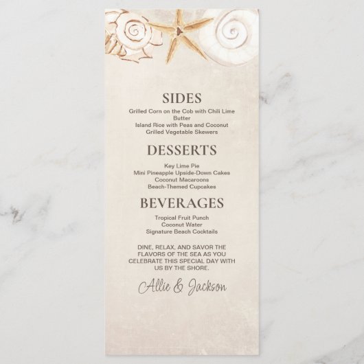 Strand Zeeschelpen Zand Seaside Bruiloft Receptie Menu (Achterkant)