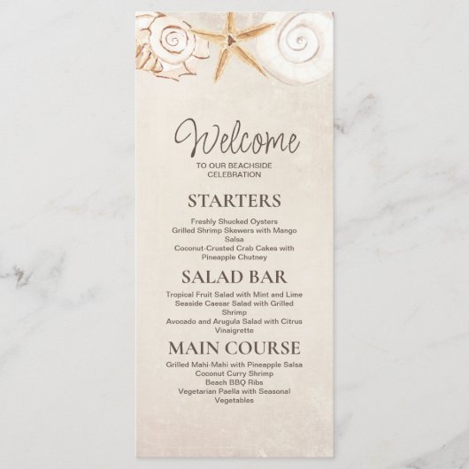 Strand Zeeschelpen Zand Seaside Bruiloft Receptie Menu (Voorkant)