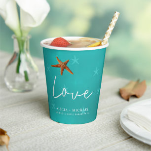 Strand zeester aqua blauw paar namen bruiloft papieren bekers