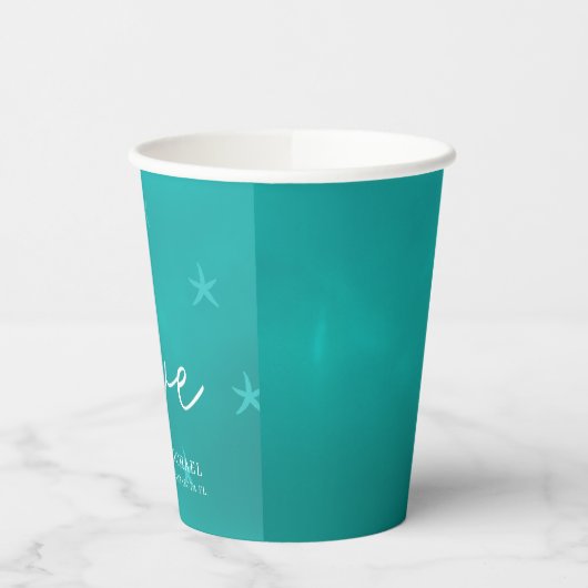 Strand zeester aqua blauw paar namen bruiloft papieren bekers (Links)