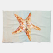 Strand Zeester Blauwe Oceaan Waterverf Theedoek (Horizontaal)