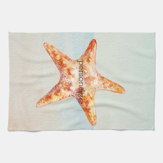 Strand Zeester Blauwe Oceaan Waterverf Theedoek (Horizontaal)