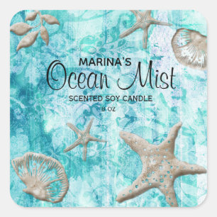 Strand Zeester Kaars Schelp Blauw Vierkante Sticker