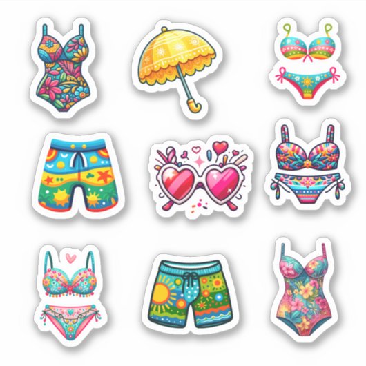 Strand zomerkleding cute 9 elementen sticker vel (Voorkant)