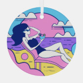 Strand Zonnebaden Meisje Cocktail Illustratie. Glas Ornament (Achterkant)