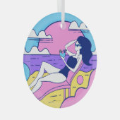 Strand Zonnebaden Meisje Cocktail Illustratie. Glas Ornament (Voorkant Rechts)