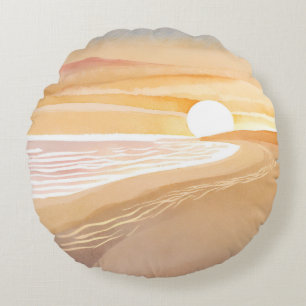 Strand Zonsondergang Aquarel Mooie Geel Rond Kussen