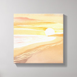 Strand Zonsondergang Aquarel | Mooie Gele  Canvas Afdruk