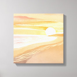 Strand Zonsondergang Aquarel | Mooie Gele  Canvas Afdruk