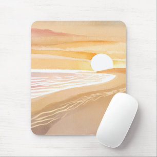 Strand Zonsondergang Aquarel   Mooie Gele Oceaan Muismat