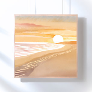Strand Zonsondergang Aquarel   Mooie Gele  Poster