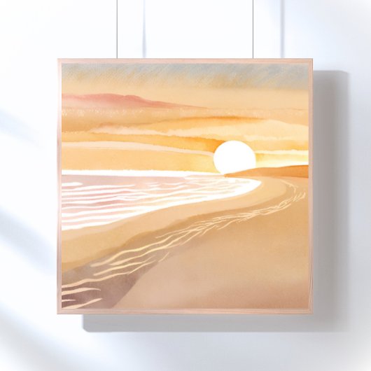 Strand Zonsondergang Aquarel | Mooie Gele Poster