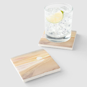 Strand Zonsondergang Aquarel   Mooie Gele  Stenen Onderzetter