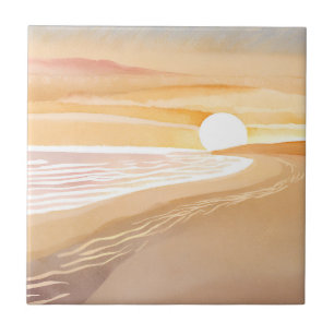 Strand Zonsondergang Aquarel   Mooie Gele  Tegeltje