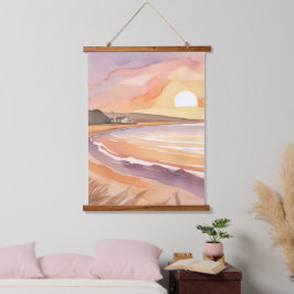 Strand Zonsondergang Aquarel | Mooie Oceaans Schil Hangend Wandkleed