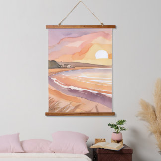 Strand Zonsondergang Aquarel | Mooie Oceaans Schil Hangend Wandkleed