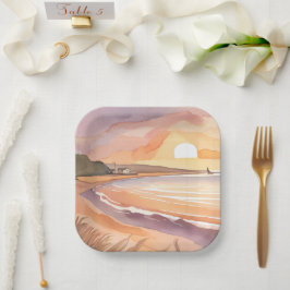 Strand Zonsondergang Aquarel | Mooie Oceaanschilde Papieren Bordje