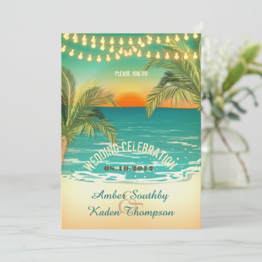 Strand Zonsondergang Bruiloft Kaart (Staand voorkant)