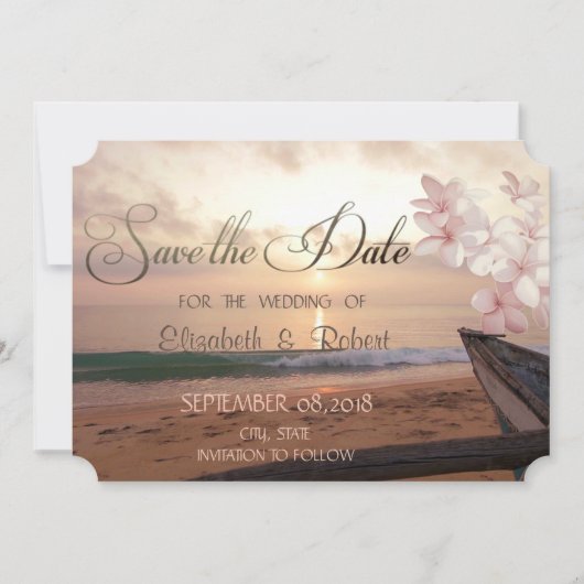 Strand Zonsondergang Bruiloft, Plumeria Bewaar de  Save The Date (Voorkant)