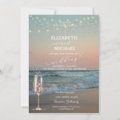 Strand Zonsondergang, Champagneglas Script Trouwen Kaart (Voorkant)
