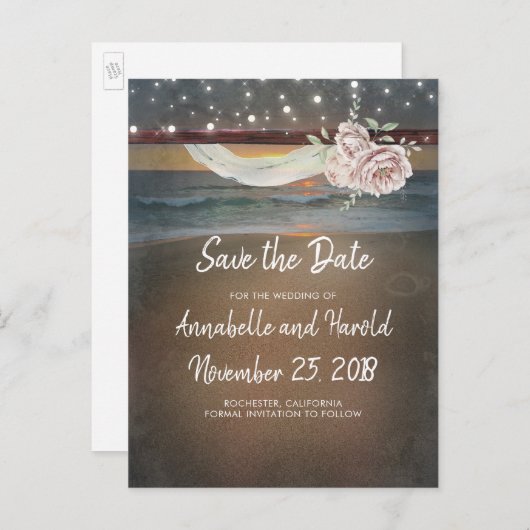 Strand Zonsondergang en Lichten Save the Date Aankondigingskaart (Voorkant / Achterkant)