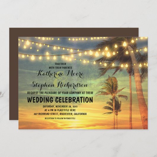 strand zonsondergang en string lichten bruiloft ui kaart (Voorkant / Achterkant)