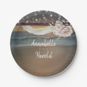 Strand Zonsondergang en String Lights Bruiloft Papieren Bordje (Voorkant)