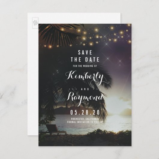 Strand Zonsondergang en String Lights Save the Dat Aankondigingskaart (Voorkant / Achterkant)