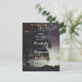 Strand Zonsondergang en String Lights Save the Dat Aankondigingskaart (Staand voorkant)